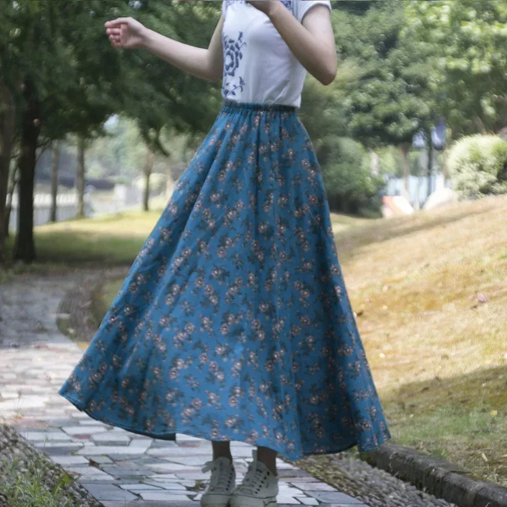 Fashion Summer Cotton Linen Women Skirt Saia Casual Vintage y2k Print Long Skirts Woman Clothes Bohemian Faldas Maxi Bottom Jupe - reetell