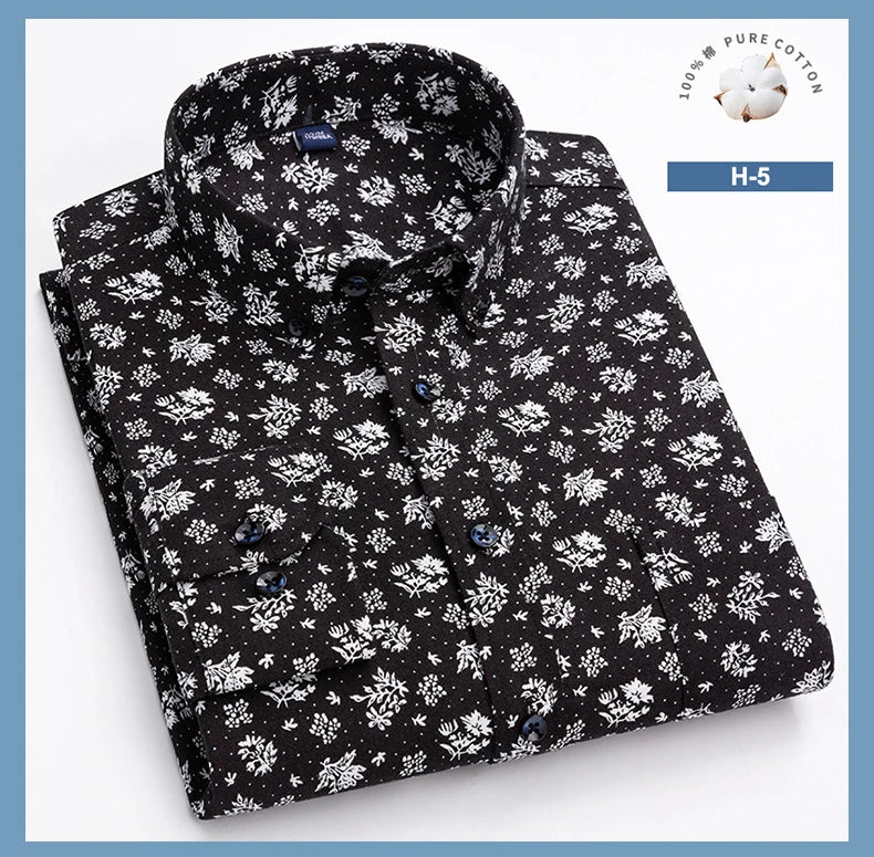 Men’s 100% Cotton Long Sleeve Shirts Vintage Floral Print Breathable Office Dress Shirt Casual Fashion Standard Workwear Shirts - reetell