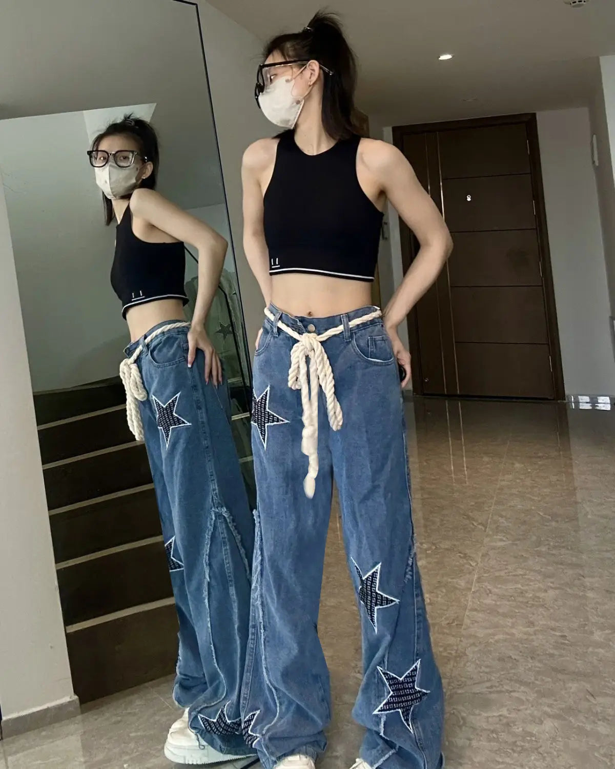 Star American Street Jeans Women's Large Retro Trendy Brand High Street Straight Pants - reetell