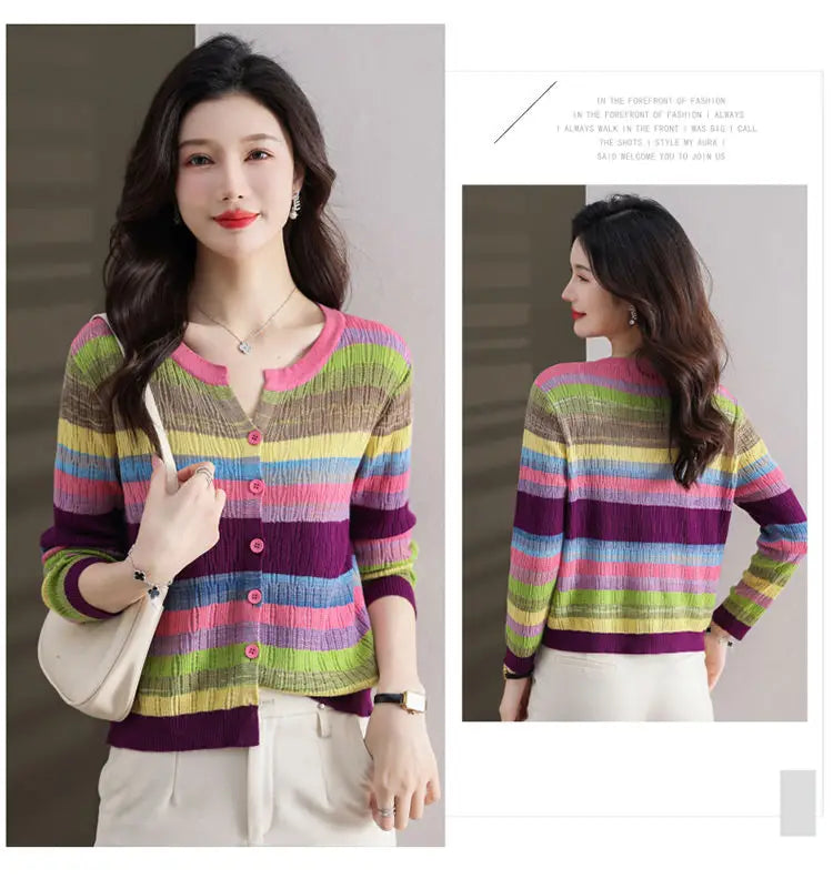 Fashion Women Clothing Colorful Striped Cardigan Sweater Spring Autumn New Korean Versatile Casual Long Sleeve Knitted Coats - reetell