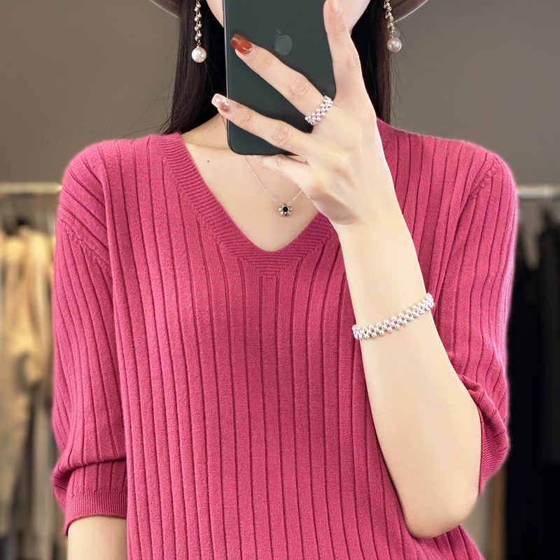 Women Sweater Short Sleeve V-neck Stripe Knitwears Slim Fit Shirt Korean Fashion Pullovers Thin Knit Tops 2024 Bottoming Shirts - reetell