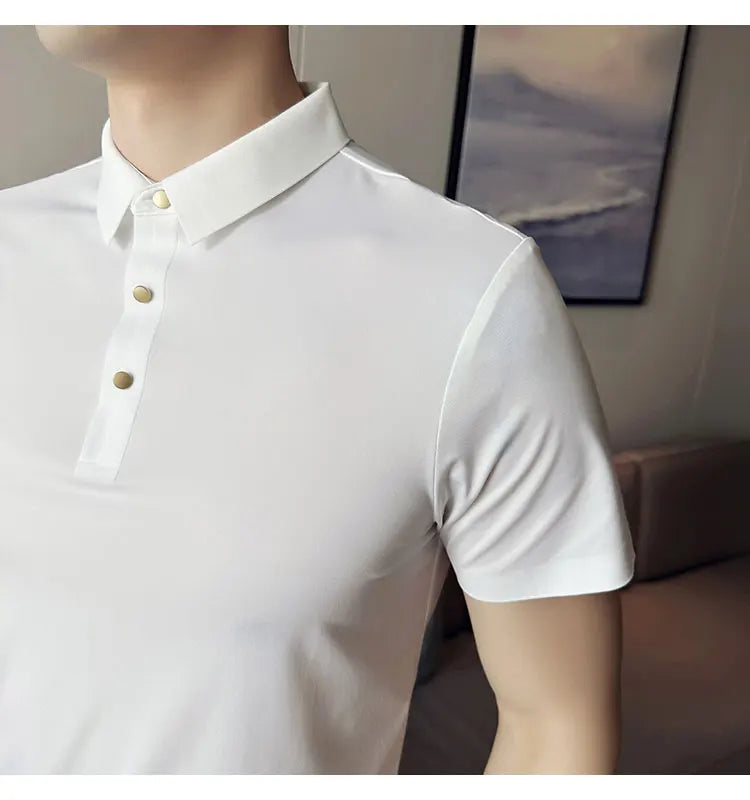 Ice Silk Traceless T-shirt Men's  Business Casual Solid Color Half Sleeve High Elasticity Top Silk Smooth Breathable POLO Shirt