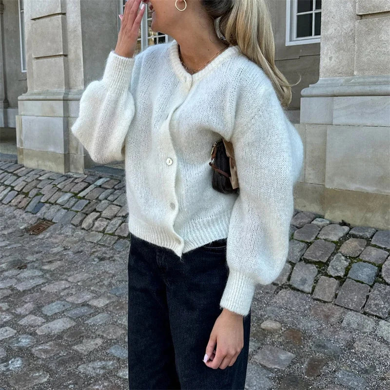 Lamuusaa y2k Sweaters 2000s Women Solid Color Round Neck Single Breasted Long Sleeve Cardigan Tops Warm Knitwear Streetwear - reetell