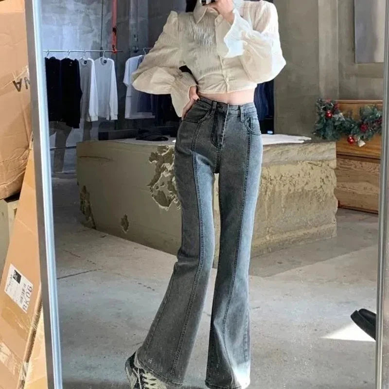 Vintage High Waist Flare Jeans High Street Women Boot Cut Denim Pant Slim Loose Korean Casual Button Up Zippers Gray Trousers - reetell