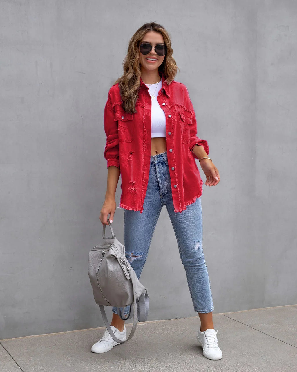 Women's Casual Lapel Mid-length Denim Jacket with Ripped Raw Edges