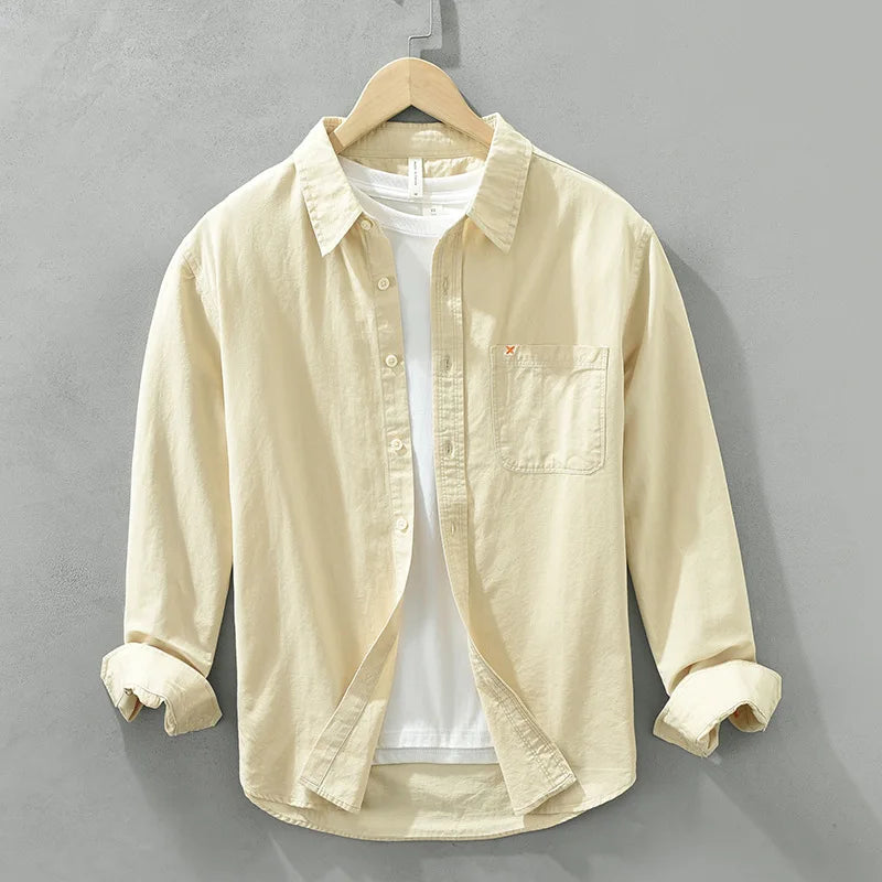 Spring Men's Casual Long-Sleeved Shirt, Versatile Japanese Style Simple Fashion Shirt, Youth Loose Trendy 100% Cotton Coat