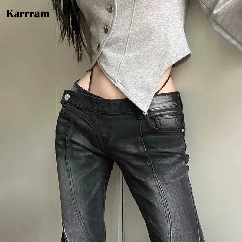 Karrram Vintage Distressed Low Waist Jeans Grunge Asymmetrical Waist Denim Pant Korean Fashion Black Flare Jeans Kpop Streetwear - reetell