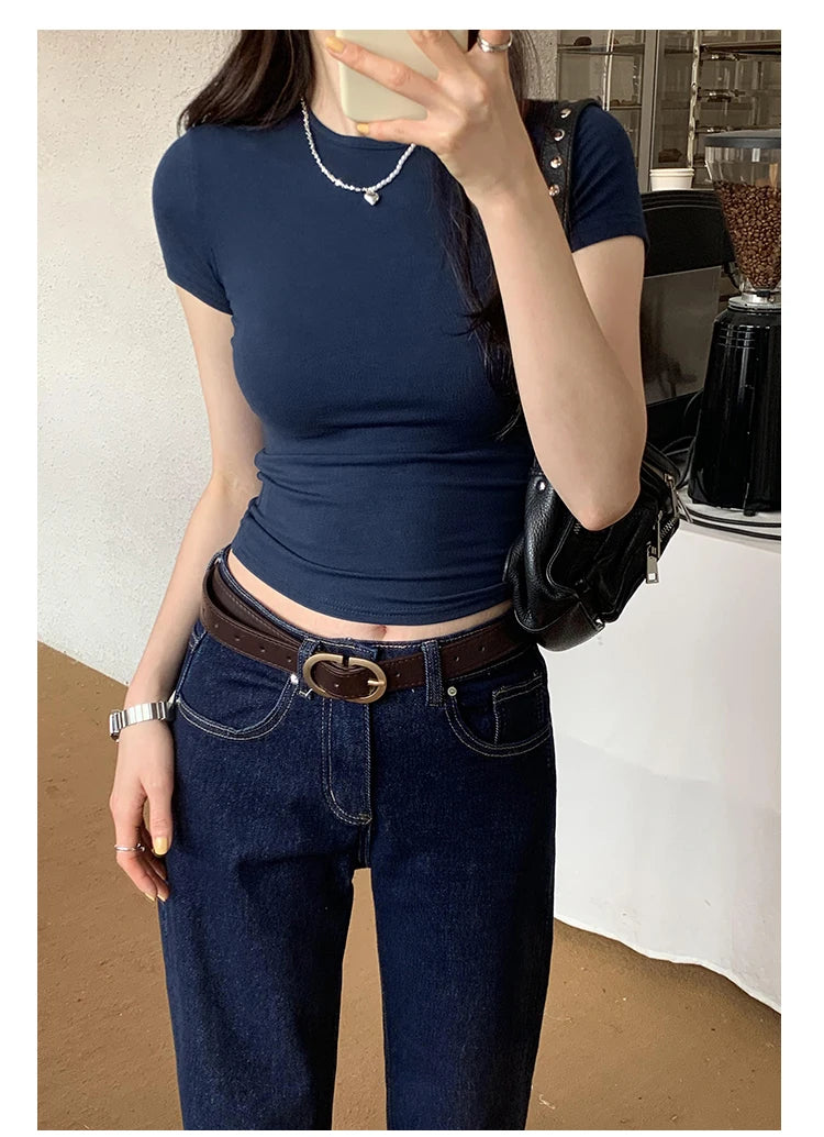 Basic Solid Crop Top Short Sleeve Crewneck Skinny T-shirt Summer Casual Tee for Women y2k Vintage Top Harajuku Streetwear - reetell