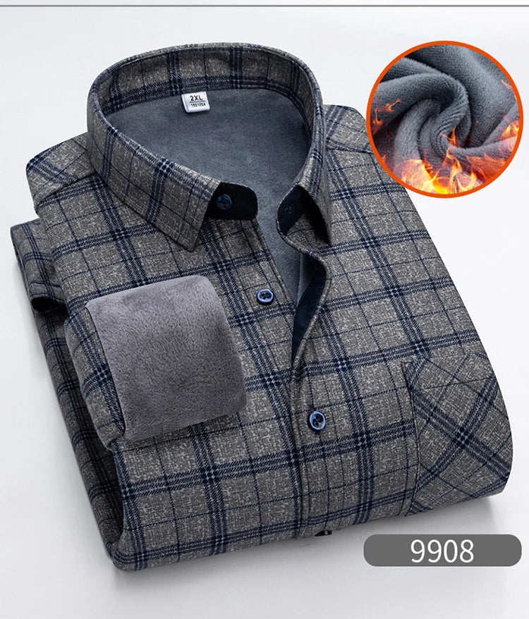 Autumn Winter Thicken Fleece Shirt Men Business Plaid Shirt Long Sleeve Warm Clothes Turn Down Collar Button Up Shirts Classic - reetell