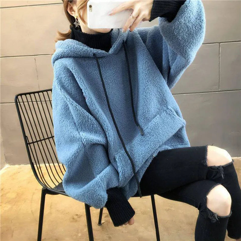 Faux Lamb Sweatshirt Women Loose Fake Two Piece Fashion Hoodies Fluffy Big Pocket Letter Long Sleeve Winter Female Tops - reetell