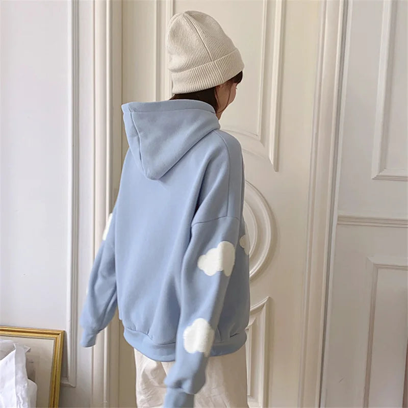 Autumn Winter Women Blue white cloud Hoodie Thick Warm Female Fleece Hoodies Oversize Sweatshirt Top Ladies  Hooded Top coat - reetell