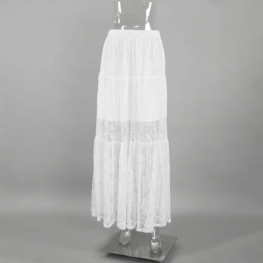 Lace Jacquard Transperant Skirt Women Summer New High Waist Sexy Casual Long Skirts 2024 Streetwear Fashion White Maxi Skirt - reetell