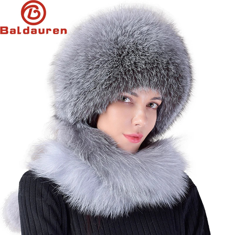 Women's Real Fox Fur Hat Scarf Mongolian Bomber Hat Ladies Winter Warm Fox Fur Earflap Caps Russia Winter Real Fur Hat - reetell