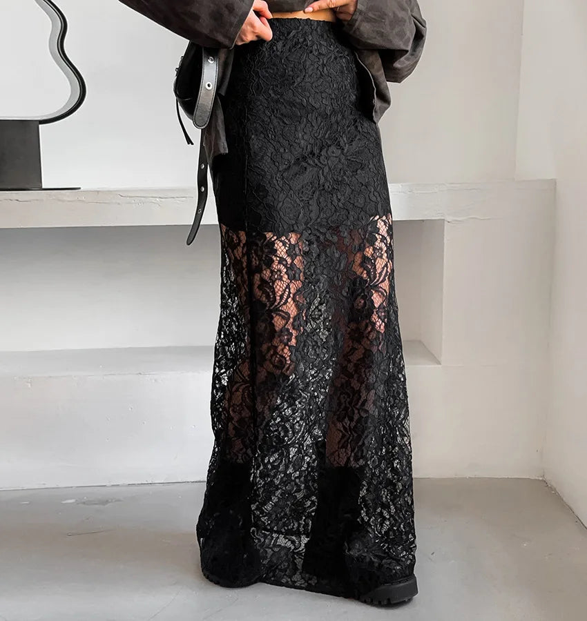 Talenza Black Lace See-through Skirt Women's Sexy Slit Patchwork Skirt Fashion Casual Loose High Waist Slim Street Long Skirt - reetell