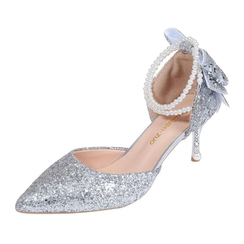 French new pointy shallow mouth temperament elegant sequin bow high heels women's fine heel pearl line with a single shoe