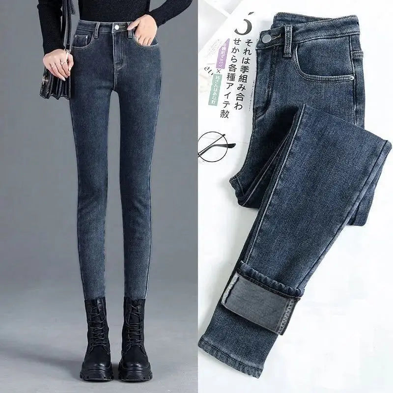 Spring Autumn and Winter Skinny Warm Jeans Women Velvet Ankle Length Casual Thick Pencil Pants Basic Fleece Denim Trousers - reetell