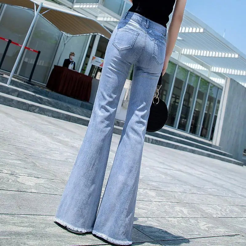 Spring Autumn Fashion High Waist Solid Bell-bottoms Jeans Women's Clothing Pocket Casual Trend Button Wide Leg Trousers Pants - reetell