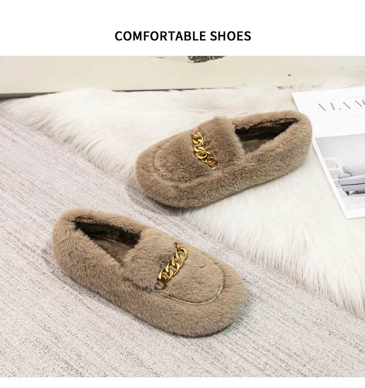 2023 winter women's outdoor plush warm shoes british style metal chain decoration snow boots boat shoes Ladies' casual flats - reetell