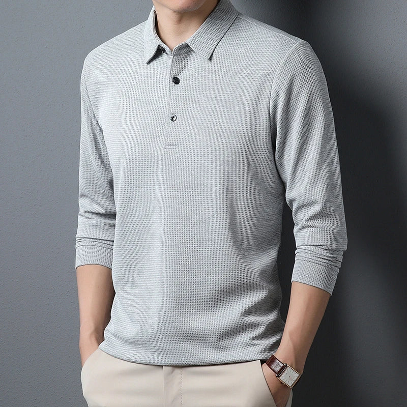 Men's Business Casual Polo Long Sleeve T-shirt Summer Comfortable  Solid Cotton Top