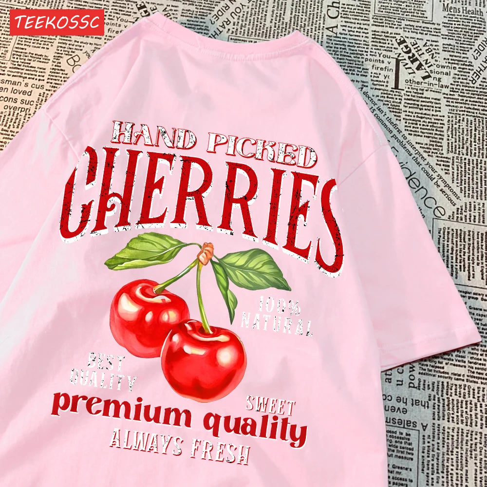 Fashion Cotton Women'S T-Shirts Hand Picked Cherries Printing Tops Oversize Crewneck Soft Short Sleeve Street Female Clothes - reetell