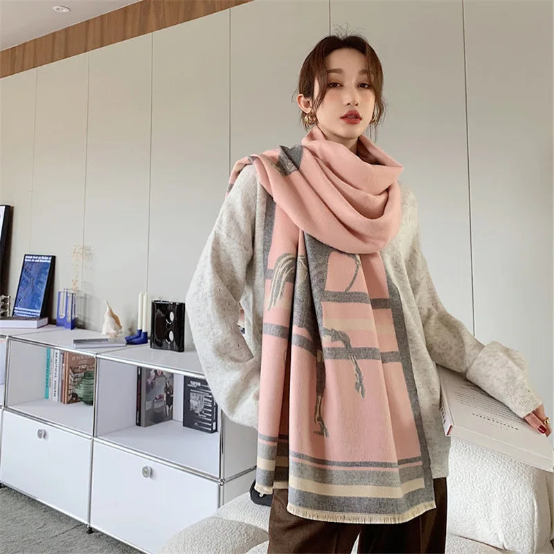 Women's Autumn Winter Horse Pattern Scarf New Luxury Cashmere Feeling Large Blanket Wrap Soft Warm Brand Shawl Retro & Classical - reetell