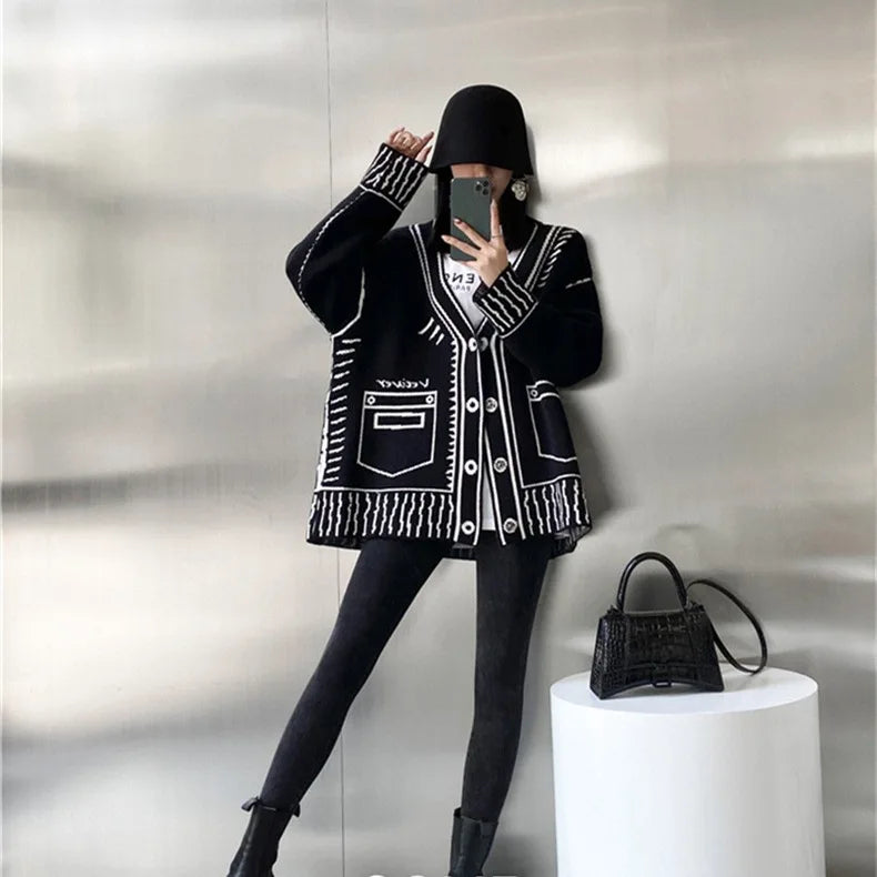 Y2K Cardigan Women Print Graffiti Top Long Sleeve Loose V-neck Sweater Autumn Winter Streetwear Knitted Female Cardigans Coat - reetell