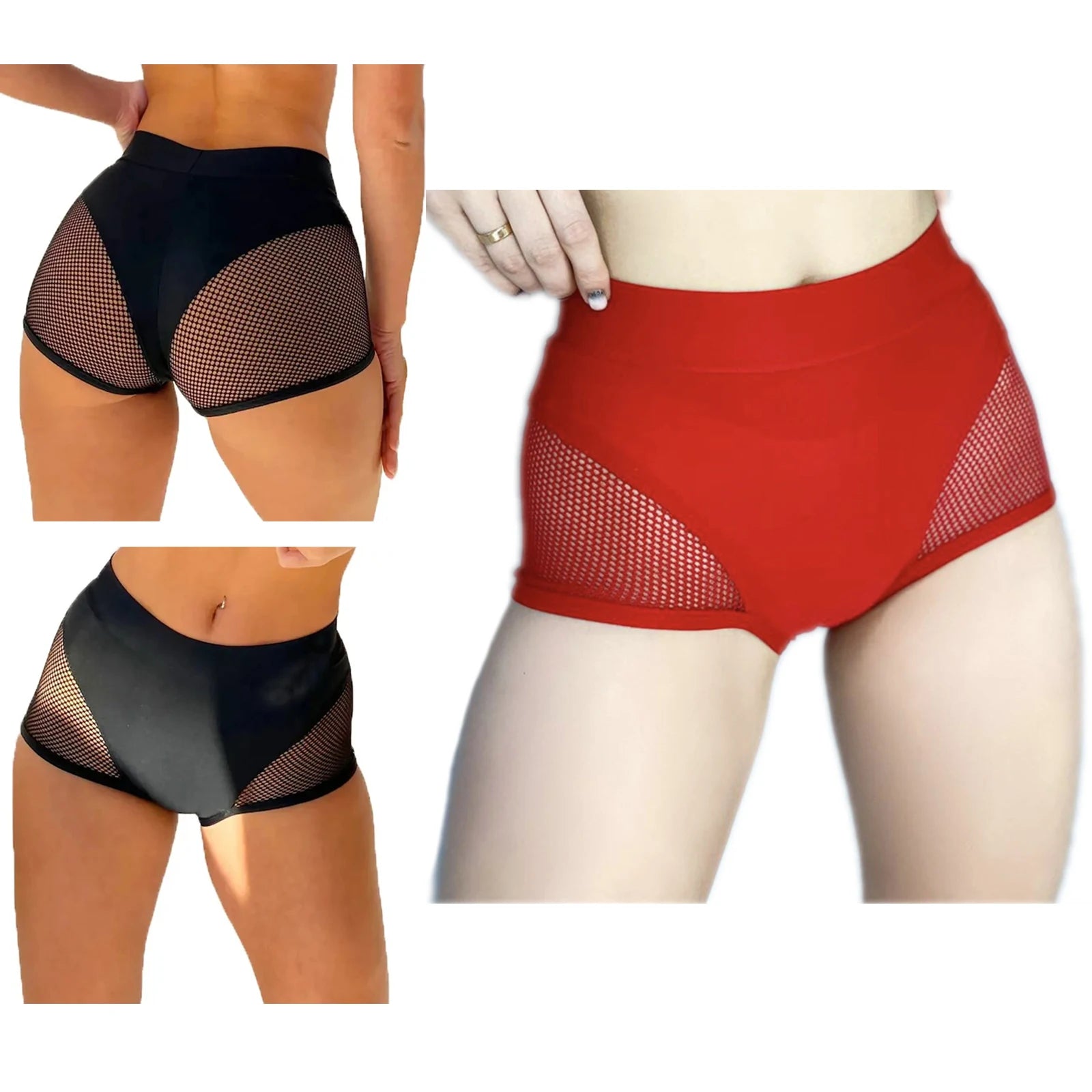 Womens Hollow Out Fishnet Booty Shorts Sexy Lingerie Mid Waist Stretchy Hot Pants for Sports Fitness Yoga Pole Dancing Swimming - reetell