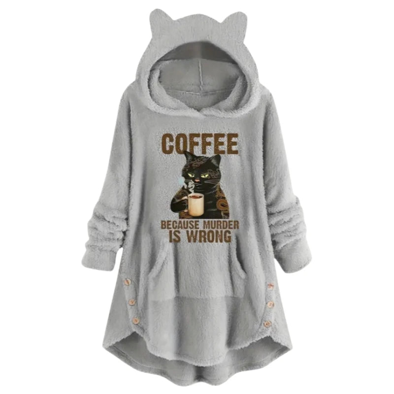 Autumn and Winter Plush Cartoon Printed Long Sleeved Pullover with Hooded Pocket, Loose Casual Hoodie for Women - reetell