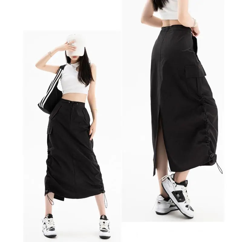 American Retro Cargo Skirt for Women Summer Slit Design Drawstring High Waist Mid-length Skirt Y2k Streetwear Fashion Clothing - reetell