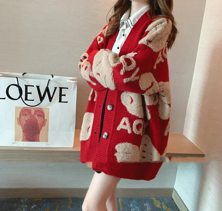 EVNISI Women Red Knitted Warm Sweater Bear Floral Printed Sweater Coat Single-breasted Cardigan Coat Women 2024 Autumn Winter - reetell