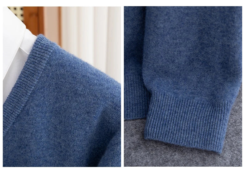 Men 100% Merino Wool Sweater V-Neck Pullover Autumn Winter Cashmere Warm Solid Knitwear Clothes Business Bottoming Soft Tops - reetell