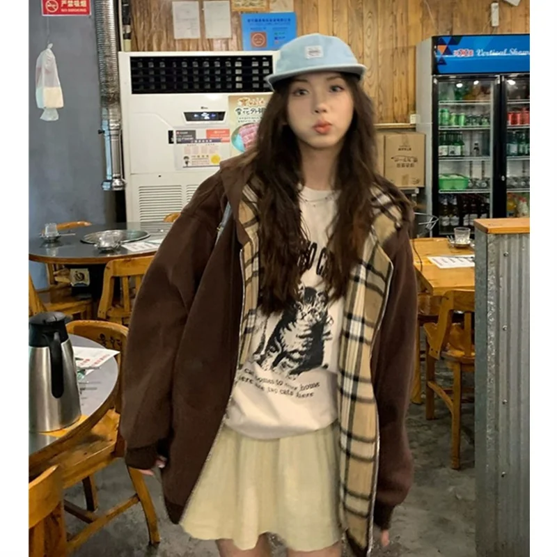 Women Vintage Zip Print Hoodies Harajuku Casual Oversized Splicing Plaid Loose Sweatshirt Medium Length Popular Cardigan Jacket - reetell