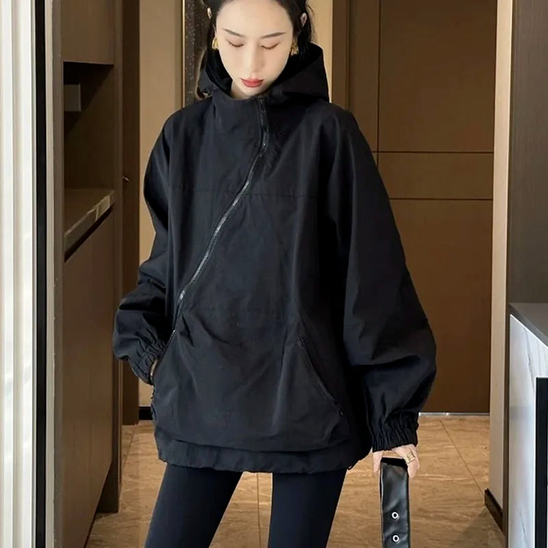 Gidyq Streetwear Women Sweatshirt Korean Fashion Designed Zipper Loose Hoodies Autumn Casual All Match Female Pocket Coats New - reetell