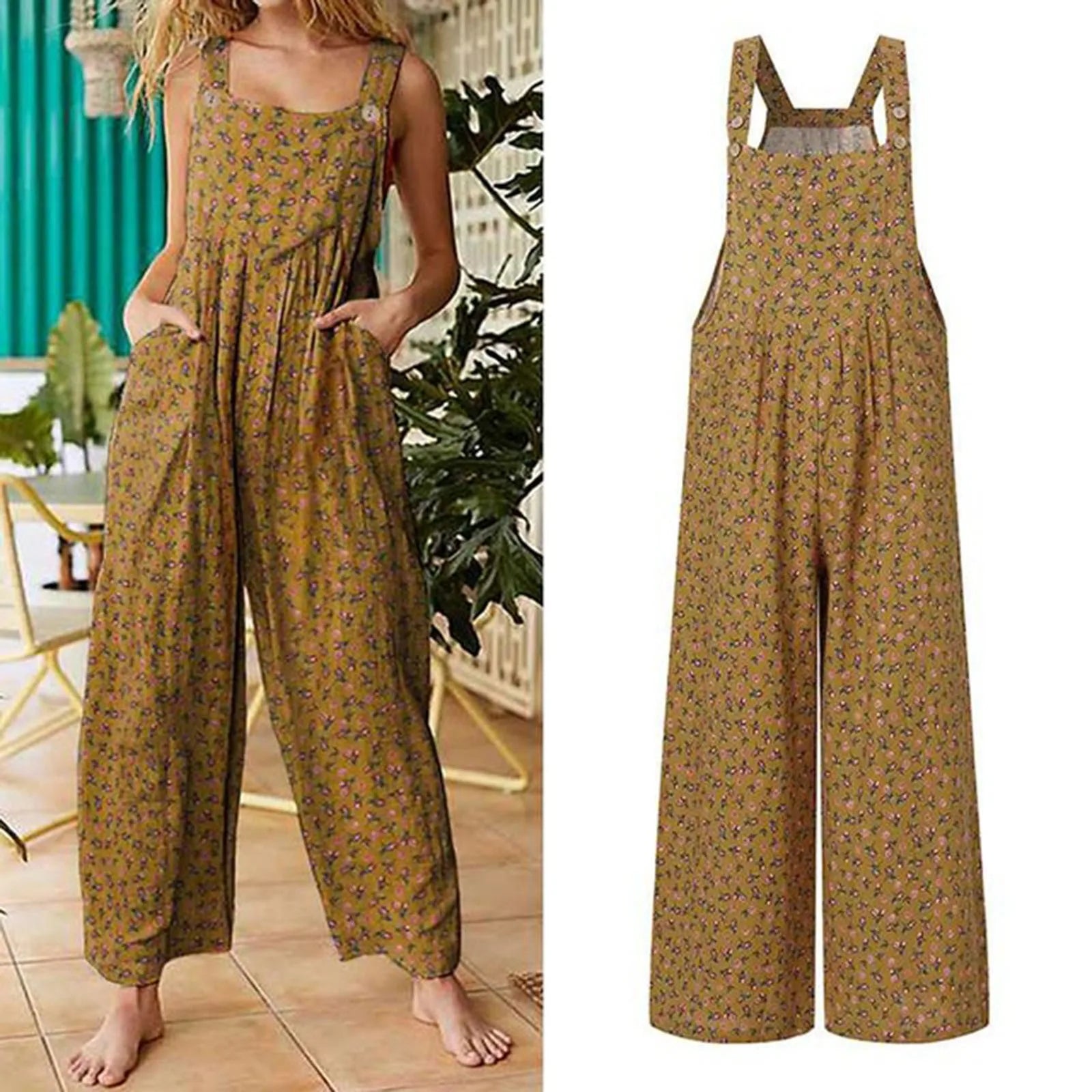 Summer New Women Casual Loose Flower Print Jumpsuits Women's Overalls Boho Sleeveless Square Collar Jumpsuits Rompers