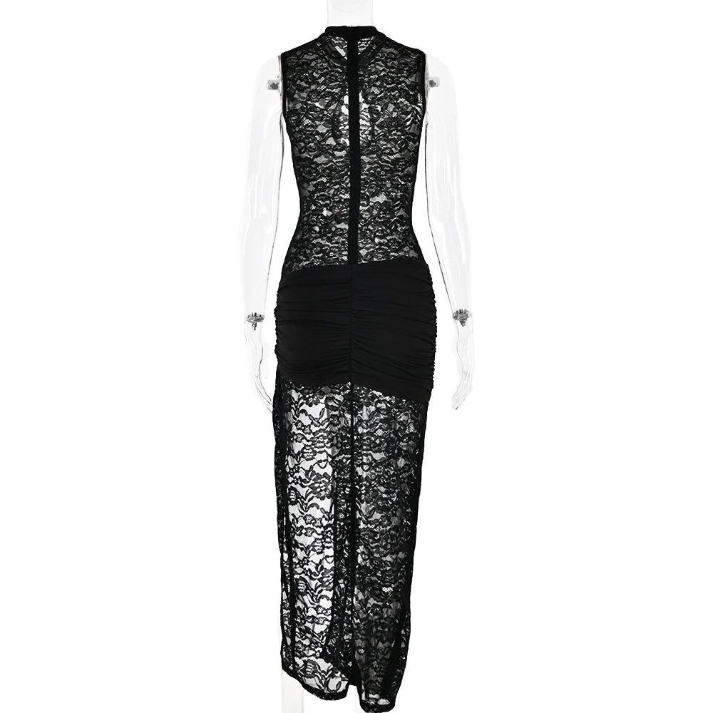 Fantoye Sexy Hollow Out High Slit Lace Women Maxi Dress Black See Through Evening Dress Female Autumn New Elegant Party Clubwear - reetell