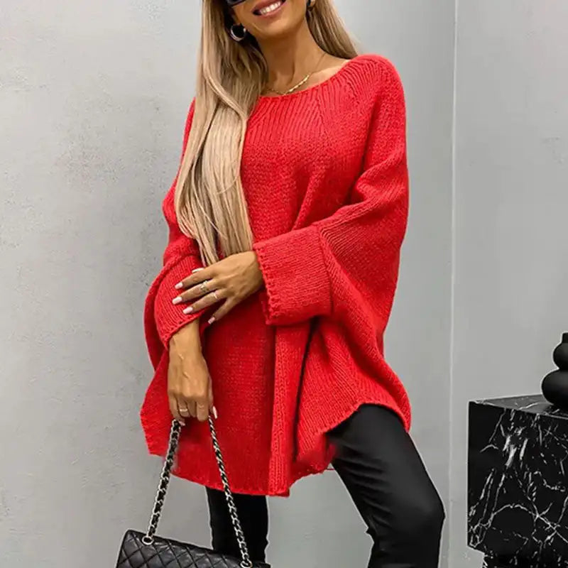 Women’s Sweater Tops Casual Knitted Long Sleeve Cape Sweater Solid Color Knitted Pullover Cape Round Neck Shawl Crochet Sweater - reetell