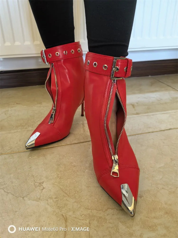 Belt Buckle Front Zipper Fashion Show Short Boots Women's Autumn Winter New Pointed Metal Decoration Red High Heels Ankle Boots