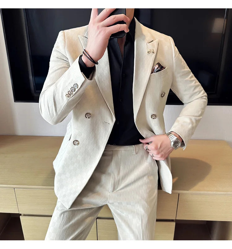 (Jacket+Pants) 2 Pieces Blue Apricot Business Party Men Suits Double Breasted Formal Style Custom Made Wedding Groom Tuxedos - reetell