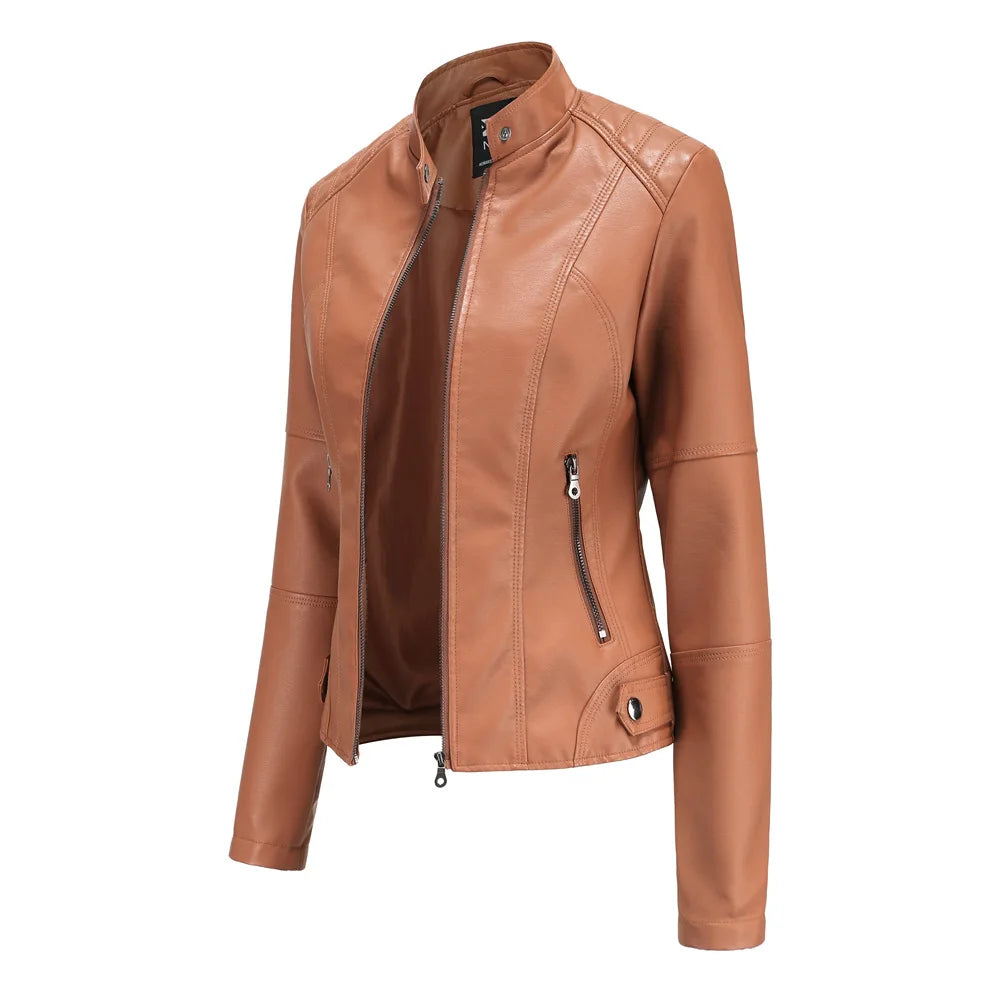 Women Leather Jacket 2024 Spring Autumn Black PU Leather Coat Stand-up Collar Motor Biker Jacket