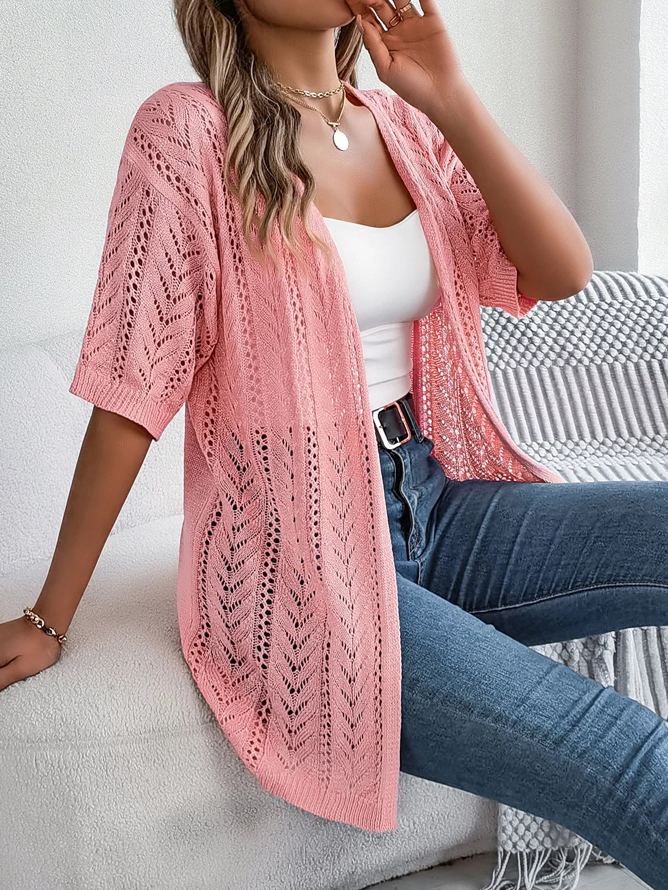 Casual Solid Color Short Sleeve Hollow Knitted Cardigan For Women - reetell