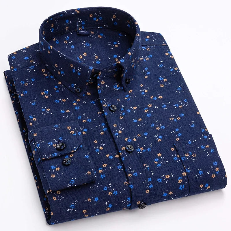 Men’s 100% Cotton Long Sleeve Shirts Vintage Floral Print Breathable Office Dress Shirt Casual Fashion Standard Workwear Shirts - reetell