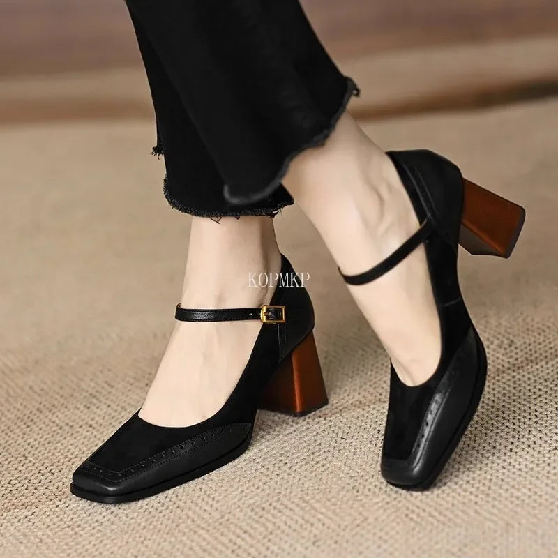 2024 Mary Janes Vintage Black Sandals Woman Buckle Non-Slip Casual Medium Heels Office Ladies Solid Elegant Heels Korean Summer - reetell