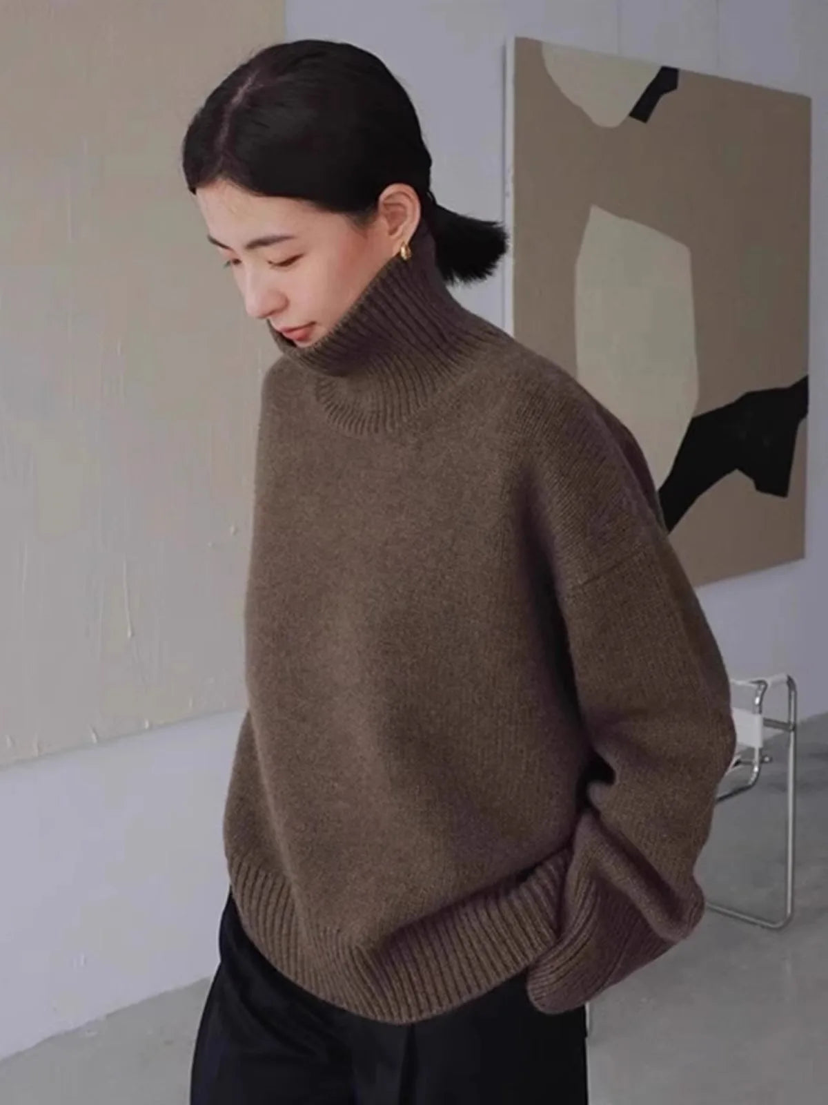 High-end soft waxy turtleneck 100% pure cashmere sweater women's lazy loose silhouette thickened sweater base wool sweater - reetell