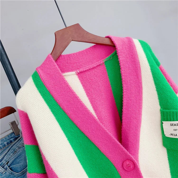 Joskaa Striped Patchwork Knitted Cardigan Women V-Neck Long Sleeve Single Breasted Sweater Coat Autumn 2023 Outwear Streetwear - reetell