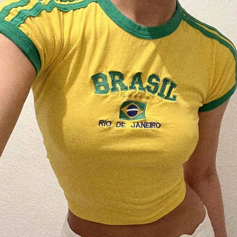 Womens Aesthetic BRASIL Letter Print T-Shirt and Shorts Suit, Vintage Grunge  Short Sleeve Baby Tees, Summer Crop Top Y2k Clothe - reetell