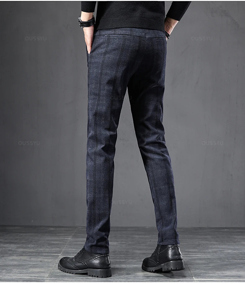 2024 New Spring Autumn England Plaid Work Stretch Pants Men Business Fashion Slim Grey Blue Casual Pant Male Brand Trousers 38 - reetell