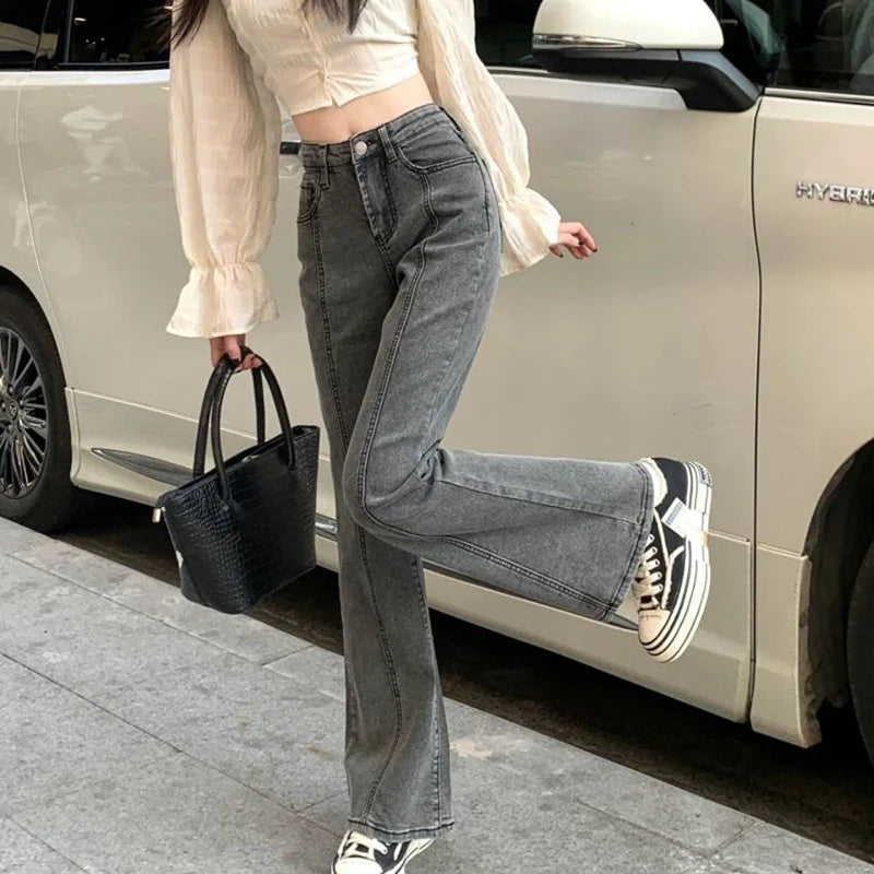 Vintage High Waist Flare Jeans High Street Women Boot Cut Denim Pant Slim Loose Korean Casual Button Up Zippers Gray Trousers - reetell