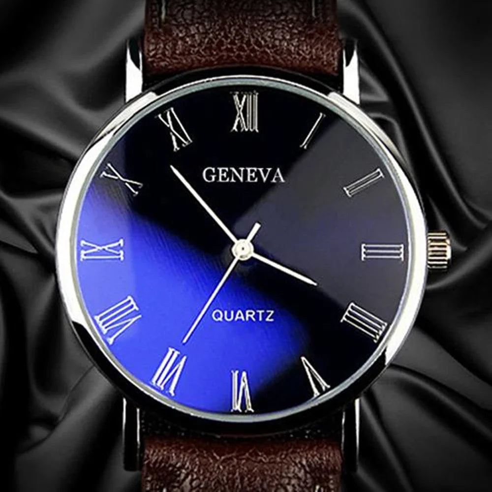 Classic Vintage Geneva Watch for Men, Analog Business Quartz Wristwatch, Roman Numerals, Blu-Ray, Faux Leather Band