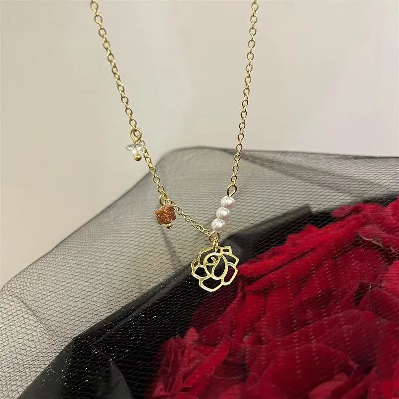 Imitation Pearl Beads Five-leaf Flower Pendant Double Layer Necklace for Women Fashion Daily Accessory Jewelry Birthday Gifts