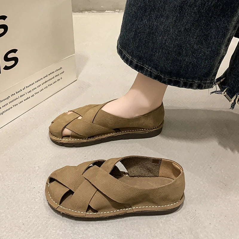 2024 leather Women's Sandals Top Layer Cowhide Handmade Woven  Women casual Flats the retro art mori girl shoes